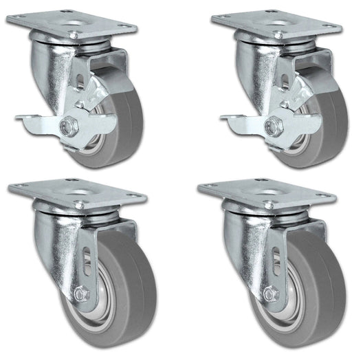 3" x 1.25" TPR Swivel Caster Set with Brake, 900 lb, Model 21CS314FX35X-01-2LS-2S
