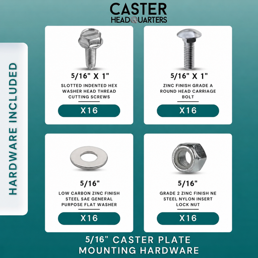 5/16"-18 Caster Mounting Hardware Kit, 64-Piece Set for 4 Casters, Model 516CPMHCP16PE