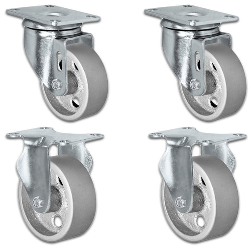 3" x 1.25" Semi-Steel Swivel & Rigid Caster Set, 1,400 lb, Model HQ1330S-PL1-SS-2S2R