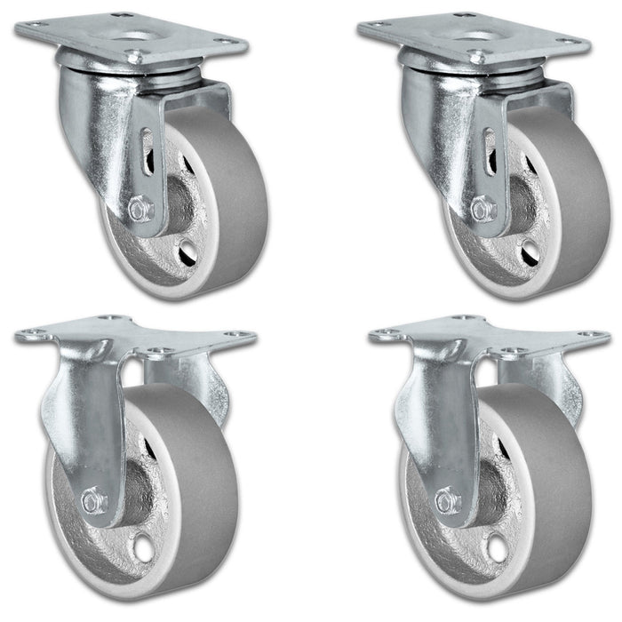 3" x 1.25" Semi-Steel Swivel & Rigid Caster Set, 1,400 lb, Model HQ1330S-PL1-SS-2S2R