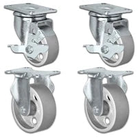 4" x 1.25" Semi-Steel Swivel & Rigid Caster Set with Brake, 1,400 lb, Model HQ1340S-PL1-SS-2SB2R