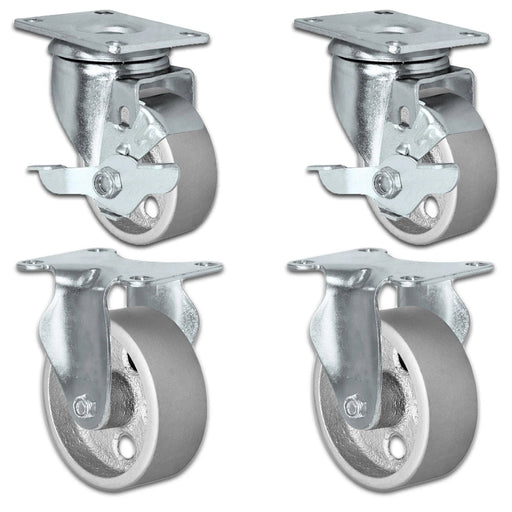 3" x 1.25" Semi-Steel Swivel & Rigid Caster Set, 1,400 lb, Model HQ1330S-PL1-SS-2SB2R