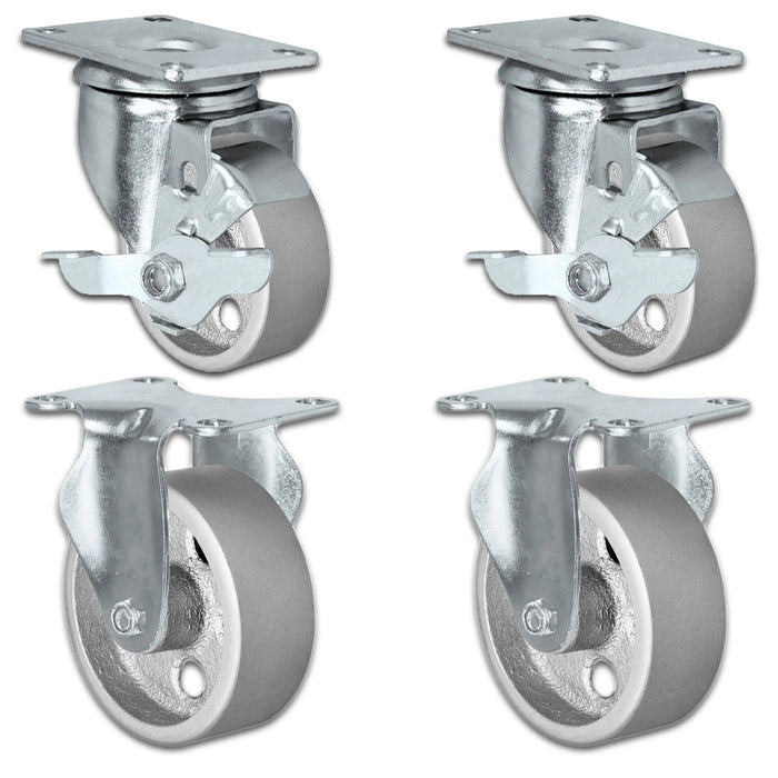 4" x 1.25" Semi-Steel Swivel & Rigid Caster Set with Brake, 1,400 lb, Model HQ1340S-PL1-SS-2SB2R