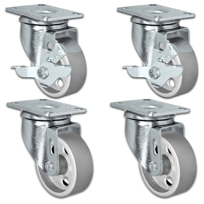 4" x 1.25" Semi-Steel Swivel Caster Set with Brake, 1,400 lb, Model HQ1340S-PL1-SS-2SB2S