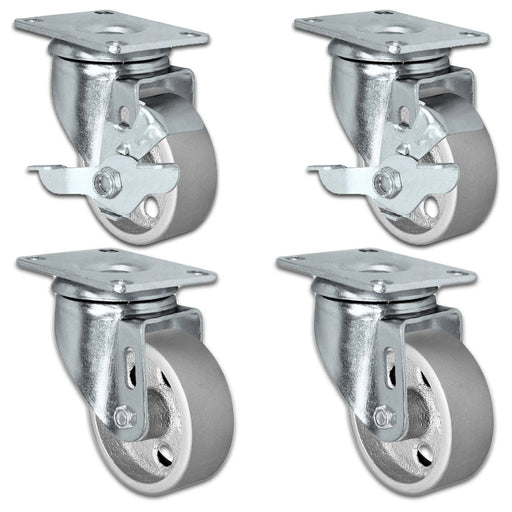 3" x 1.25" Semi-Steel Swivel Caster Set with Brake, 1,400 lb, Model HQ1330S-PL1-SS-2SB2S