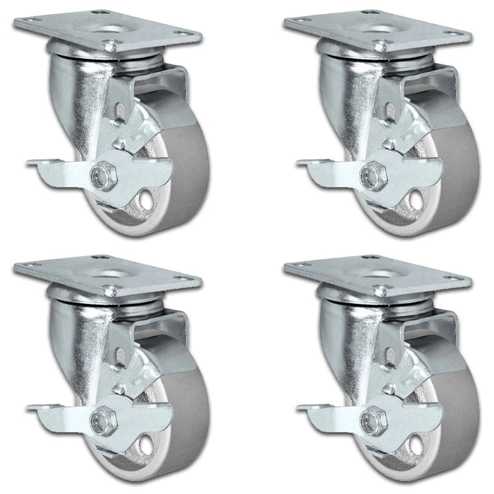 3" x 1.25" Semi-Steel Swivel Locking Caster Set, 1,400 lb, Model HQ1330S-PL1-SS-4SB
