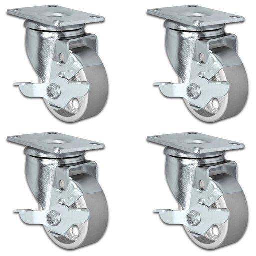4" x 1.25" Semi-Steel Swivel Locking Caster Set, 1,400 lb, Model HQ1340S-PL1-SS-4SB